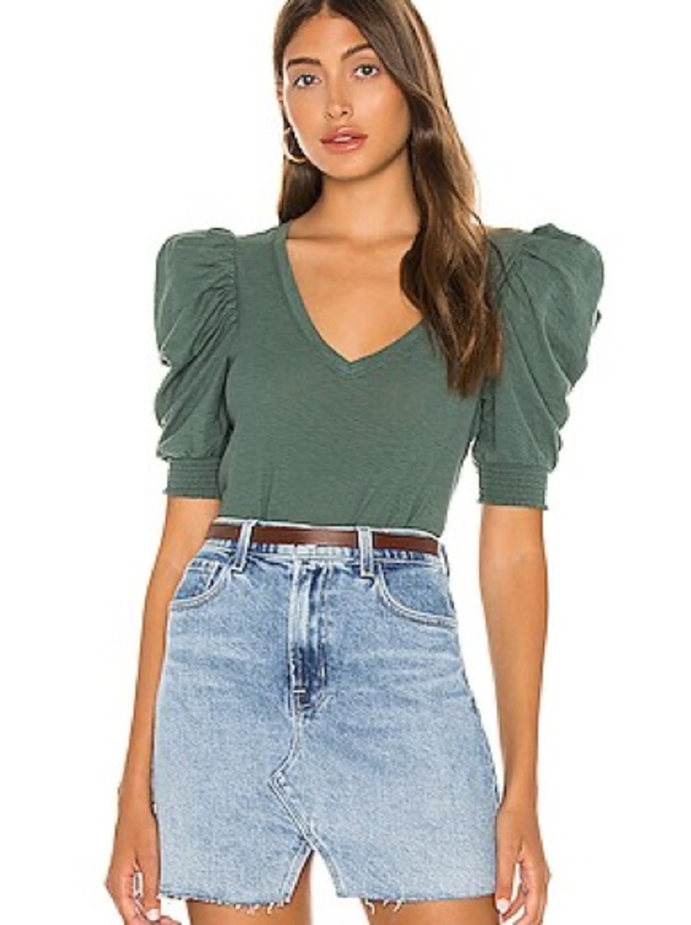 Nation LTD Celine Olive Green V-Neck Puff Sleeve Crop Top